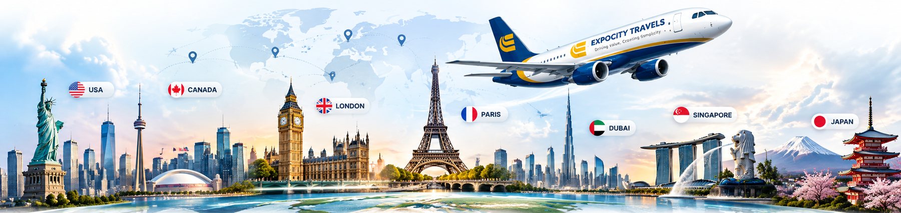 Expocity Travels corporate travel network across USA, Canada, London, Paris, Dubai, Singapore and Japan
