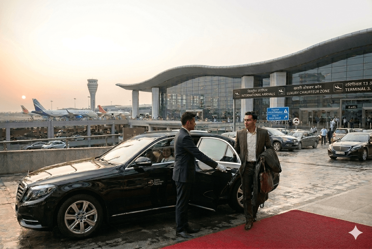 Luxury airport pick-up service in India with chauffeur assisting a corporate traveler outside terminal