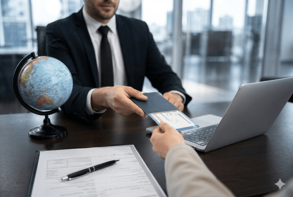 Corporate visa assistance service with professional handing over passport and travel documents for international business travel