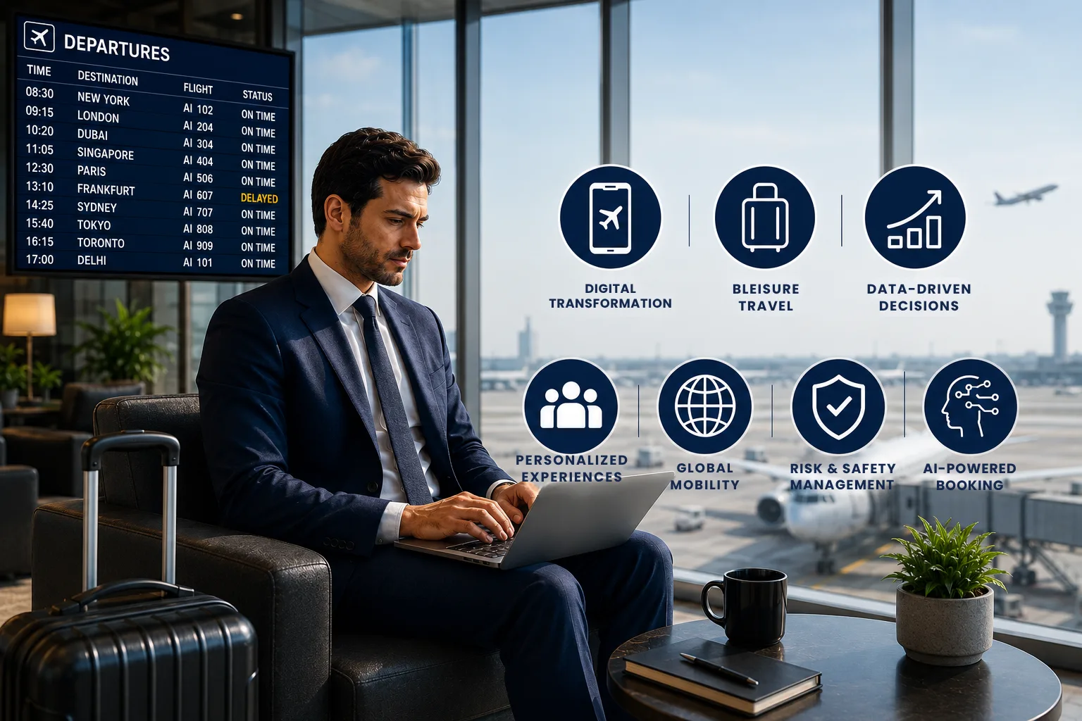 Business traveler using a laptop in an airport lounge with flight information and modern corporate travel icons in the background