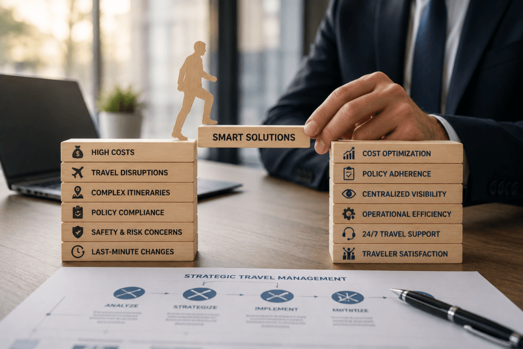 Professional corporate travel management concept showing business travel challenges and smart solutions using wooden blocks in a modern office setting.