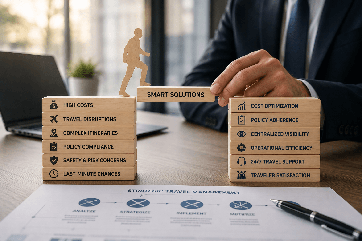Professional corporate travel management concept showing business travel challenges and smart solutions using wooden blocks in a modern office setting.