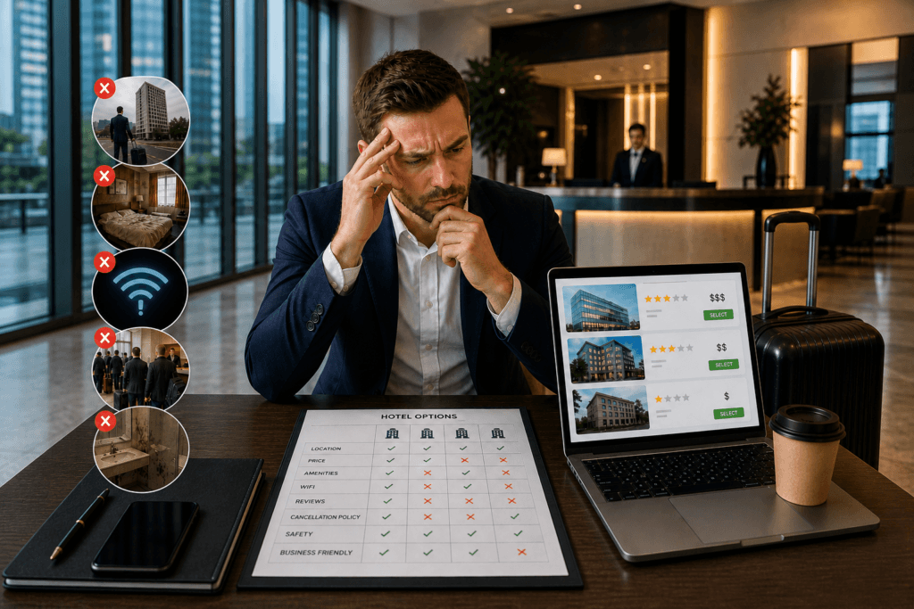 Business traveler reviewing hotel options on a laptop in a hotel lobby, appearing stressed while comparing pricing, amenities, and ratings with common mistakes highlighted