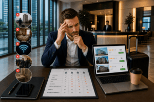 Business traveler reviewing hotel options on a laptop in a hotel lobby, appearing stressed while comparing pricing, amenities, and ratings with common mistakes highlighted