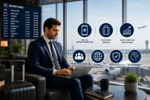 Professional corporate travel trends concept image featuring a business traveler working in a luxury airport lounge with modern digital travel icons, airplane runway view, and futuristic business travel atmosphere representing AI-powered, sustainable, and hybrid corporate travel in 2026.