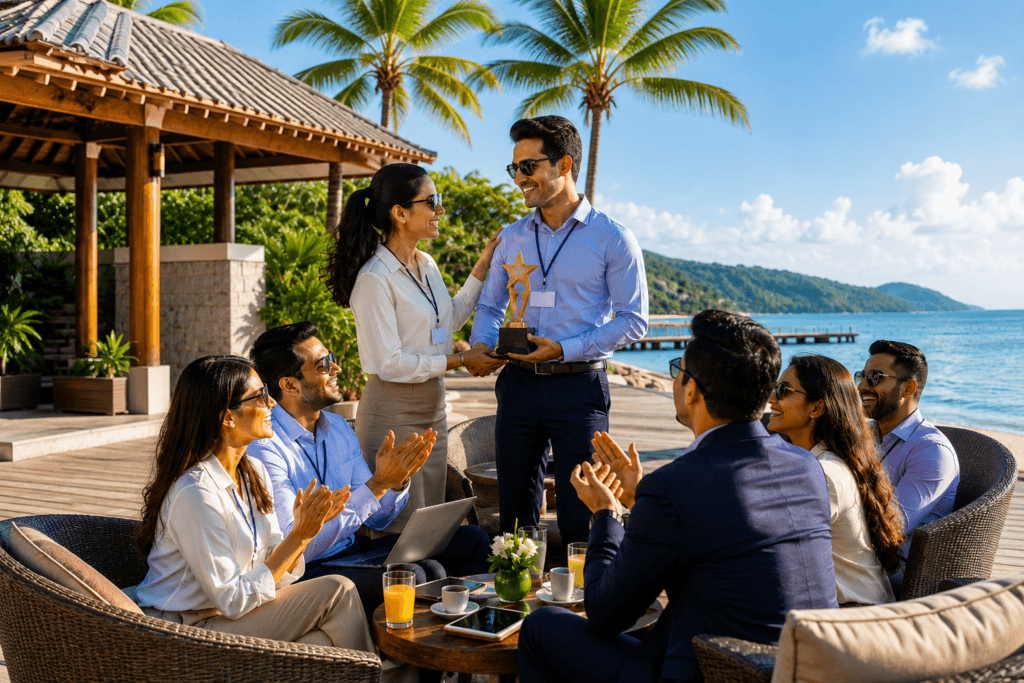 Corporate team members applauding as an employee receives an award trophy during a luxury incentive travel event at a tropical beachfront resort.