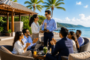 Corporate team members applauding as an employee receives an award trophy during a luxury incentive travel event at a tropical beachfront resort.