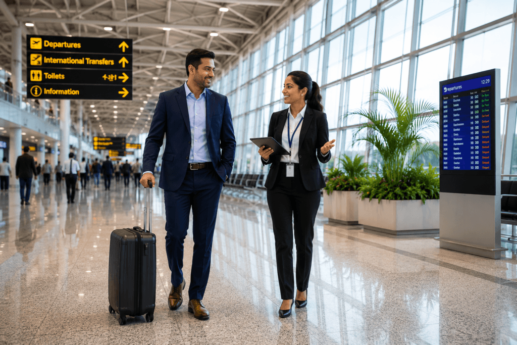 Professional female airport meet and greet executive assisting an Indian corporate traveler in a modern airport terminal during a business trip.