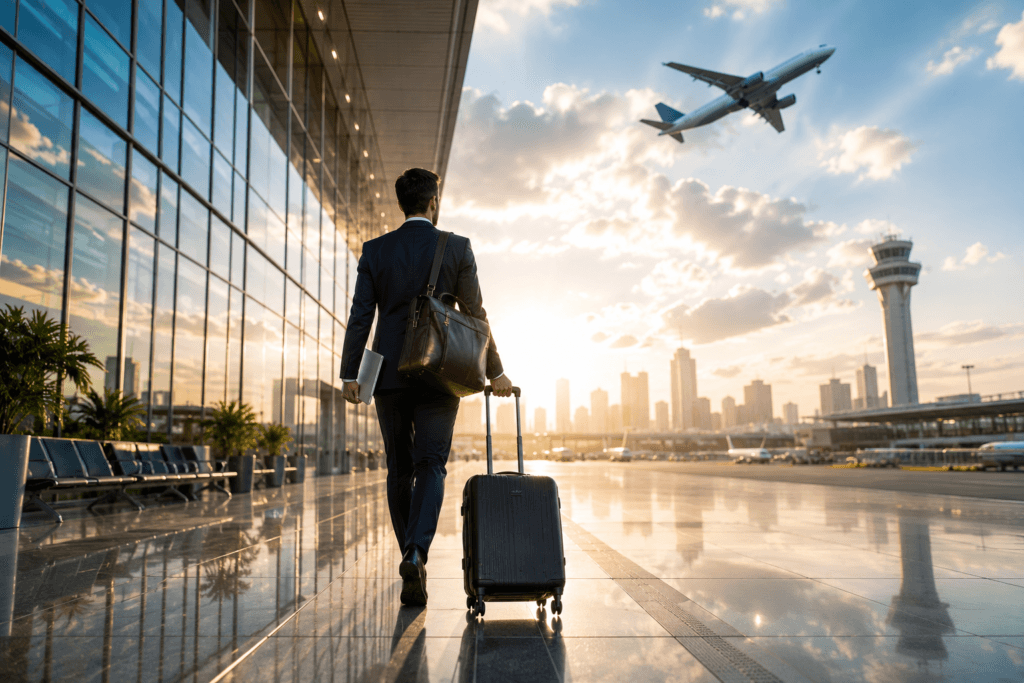 Business traveler walking confidently through a modern airport terminal with a rolling suitcase, laptop, and leather bag as an airplane flies overhead against a bright blue sky, symbolizing corporate travel, business mobility, and seamless travel management.