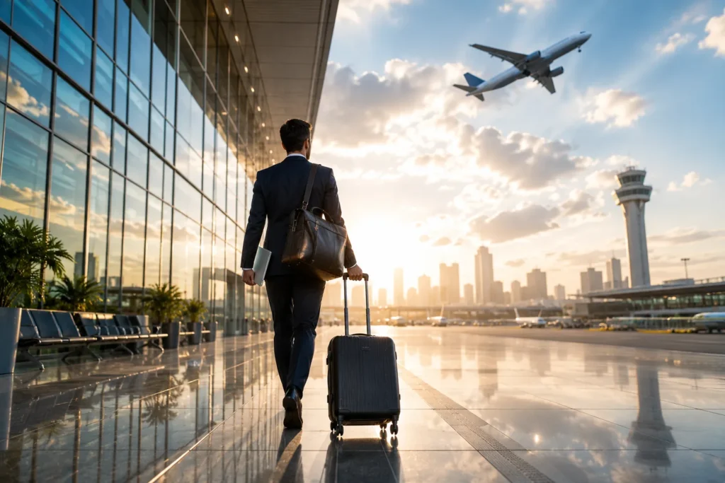 Business traveler walking through an airport with laptop, luggage, and briefcase