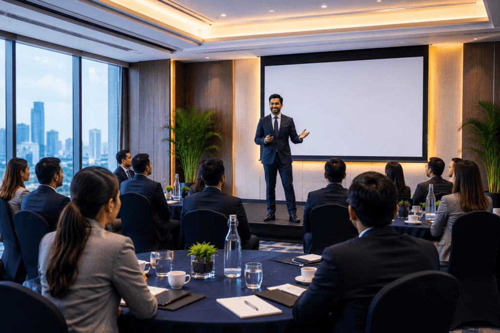 Professional corporate conference with a business speaker presenting to an audience in a modern meeting room, featuring executives seated at round tables during a corporate event.