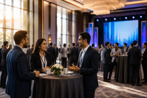 Professional event management team networking at a corporate business conference in a modern venue