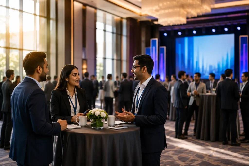 Professionals networking at a corporate event with a conference stage in the background