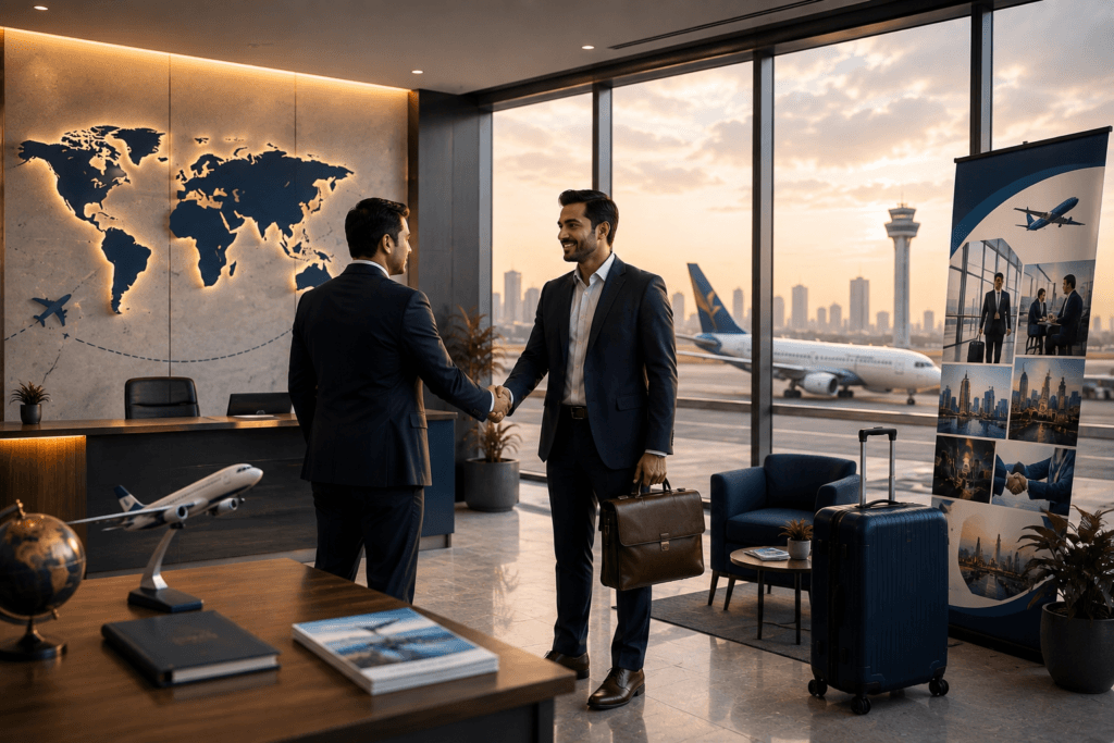 Corporate travel partners discussing business travel arrangements at an airport