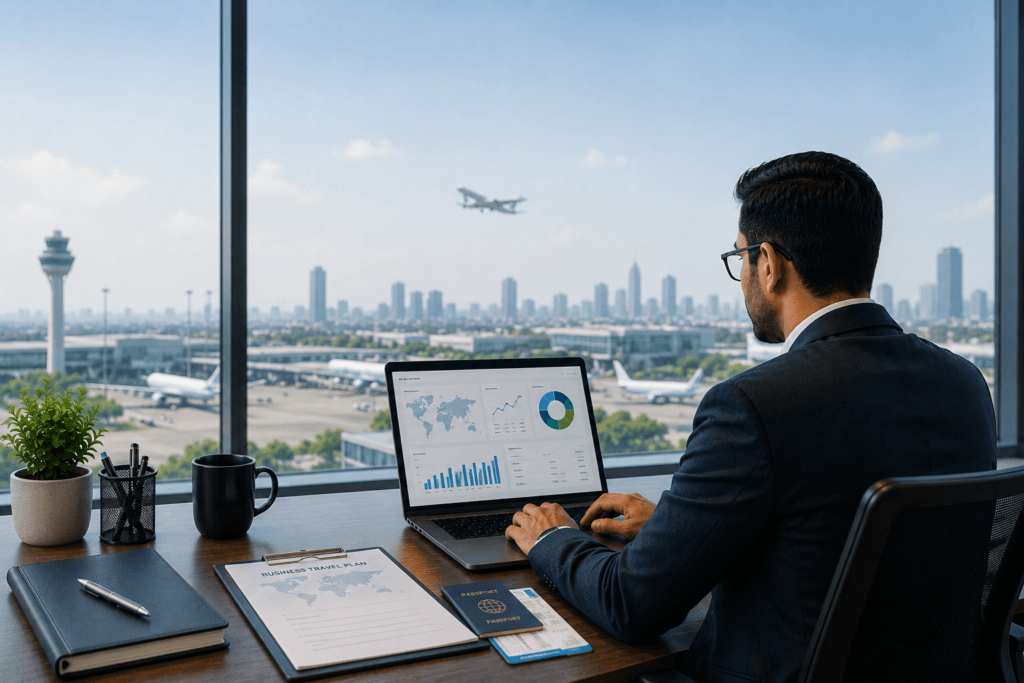 Professional corporate travel manager reviewing business travel data on a laptop in a modern office