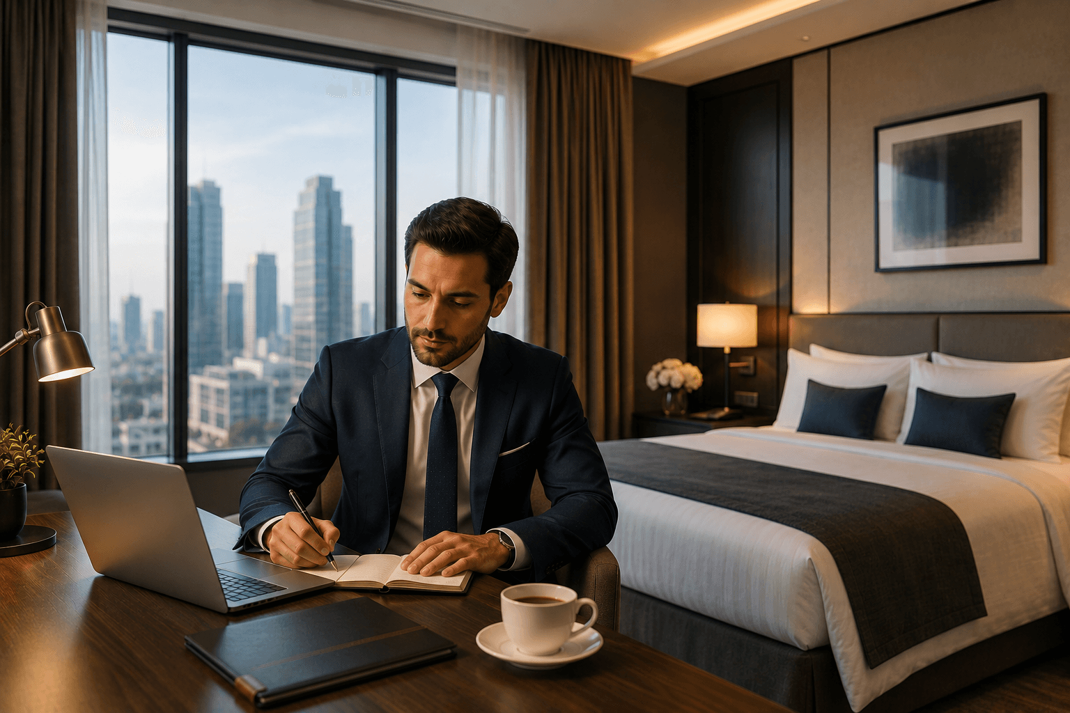 Business traveler working in a premium hotel room with laptop and notebook