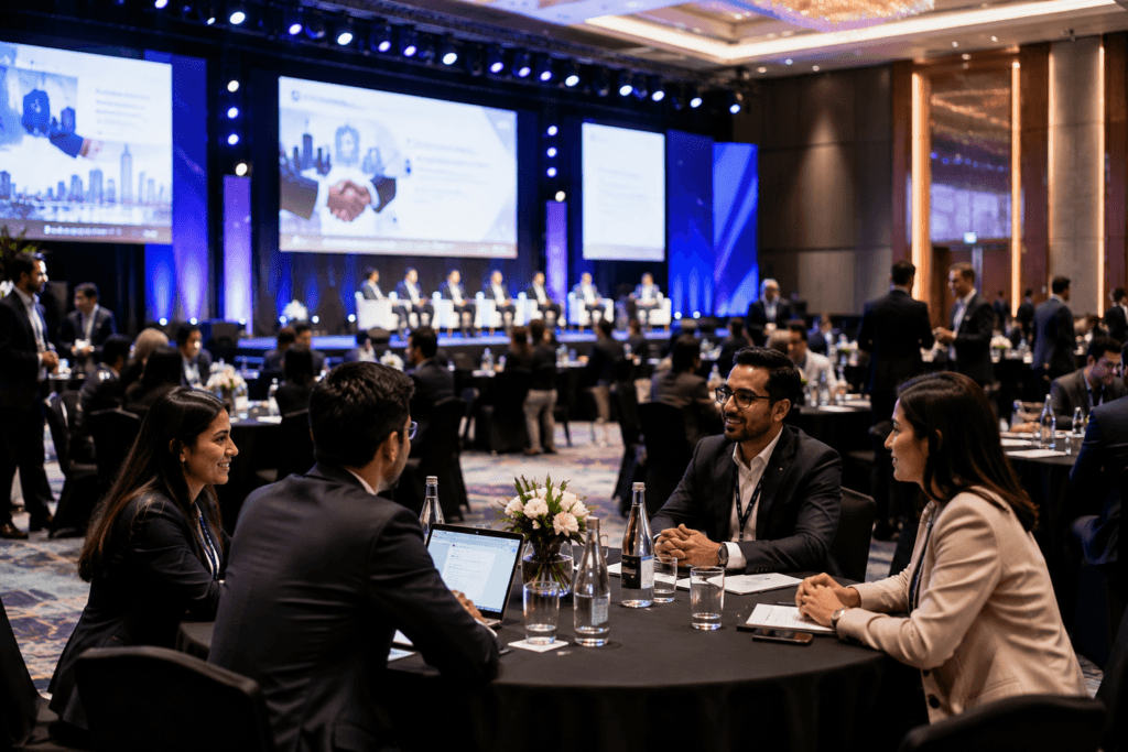 Business professionals networking at a corporate MICE conference event