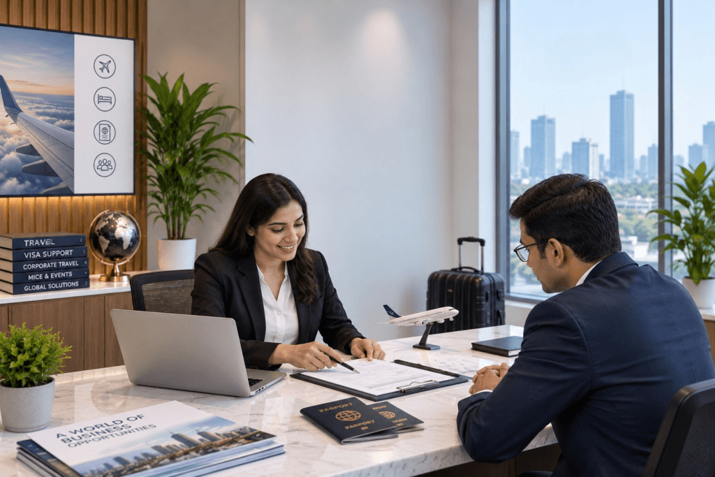 Corporate travel consultant assisting business traveler with visa documentation