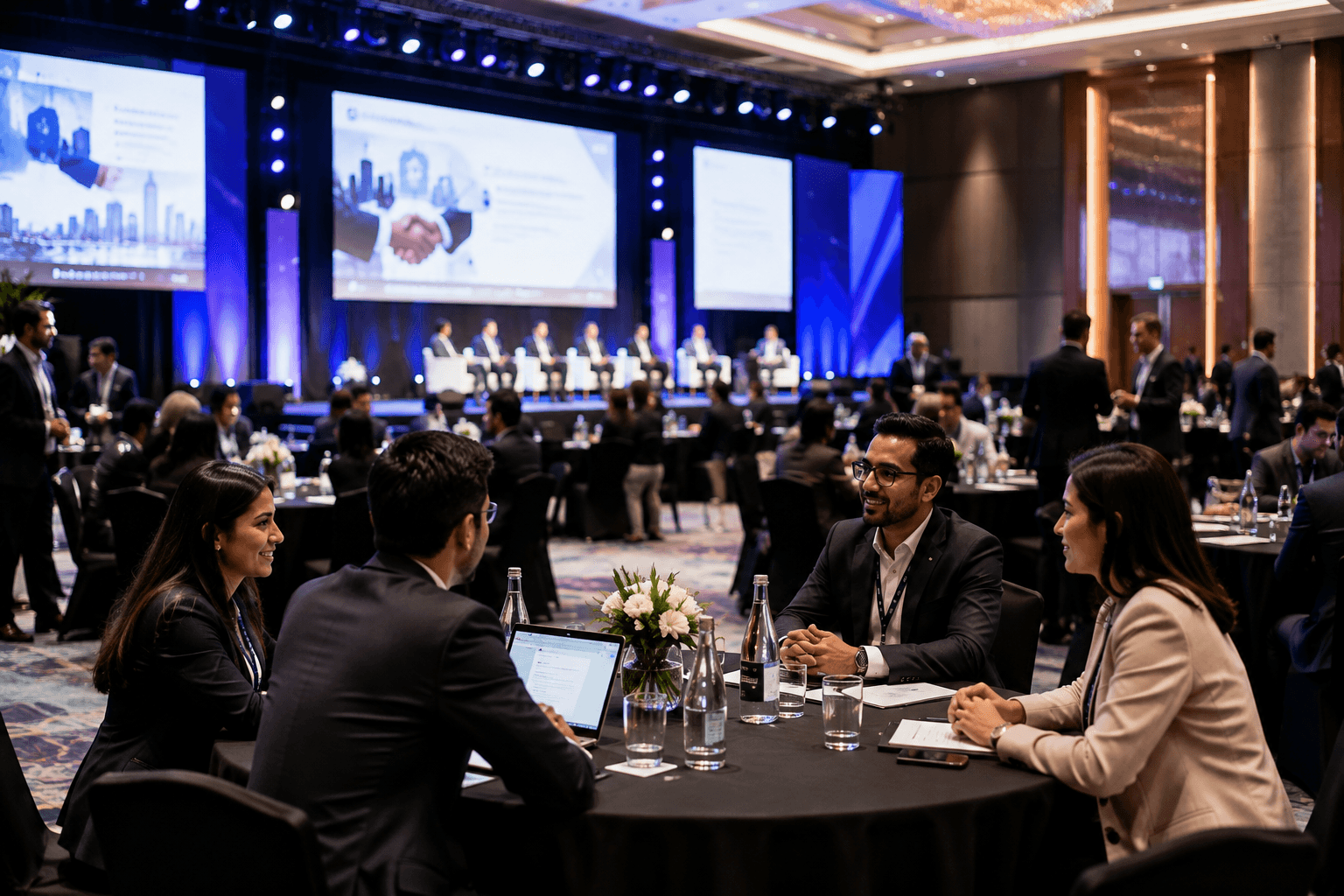 Business professionals networking at a corporate MICE conference event